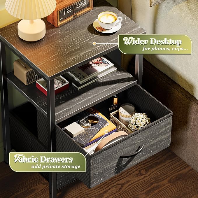 Huuger Night Stand Set of 2, Nightstand with 2 Drawers, Bed Side Table with Open Shelf, Wooden Top, End Table, Fabric Drawer with Charcoal Black Wood Grain Print, for Bedroom