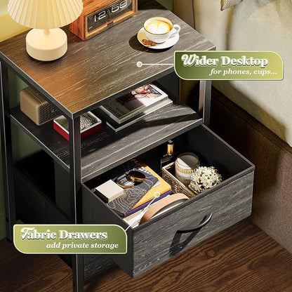 Huuger Night Stand Set of 2, Nightstand with 2 Drawers, Bed Side Table with Open Shelf, Wooden Top, End Table, Fabric Drawer with Charcoal Black Wood Grain Print, for Bedroom