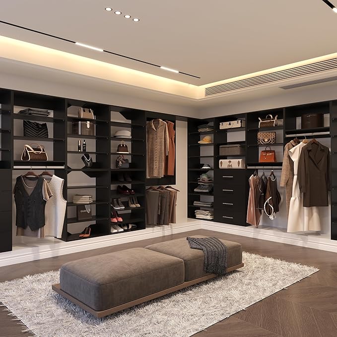 Tall Hanging Closet Unit, Modular Closet System, Wood Closet System Organizer with Storage for Walk In Closets, Clothing Rack Wardrobe Closet for Hanging Clothes, Bedroom, Black, 28.5"W