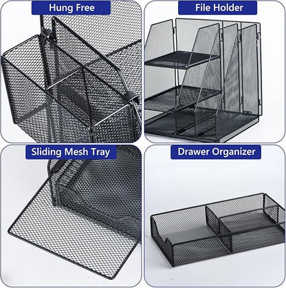 Topwey Desk Organizer, File Organizer for Desk with 2-Tier Paper Letter Tray, Drawer and 2 Pen Holder, Mesh Desktop Organization with Magazine Holder for Office Supplies