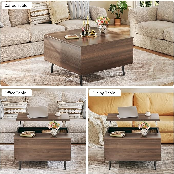 HUAHUU Lift Top Coffee Table, 31.5" Square Coffee Tables with Storage, Coffee Tables with Large Hidden Compartment, Center Table with Lifting Tabletop, Coffee Table for Living Room, Walnut