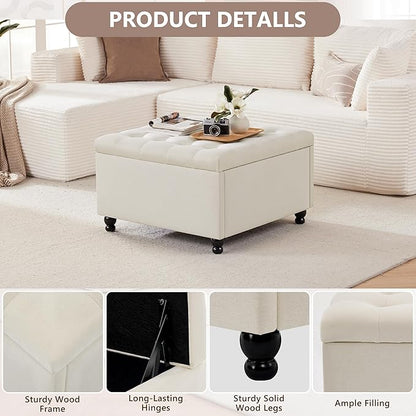 Weture 30 Inch Large Square Storage Ottoman Coffee Table, Oversized Square Ottoman with Storage, Tufted Upholstered Coffee Tables for Living Room (Fabric, Beige)