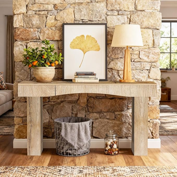 63 Inch Long Entryway Table Hollow, Wooden Console Table with Socket Farmhouse Sofa Table for Entrance, Hallway, Living Room,Behind Couch(Natural Brown)