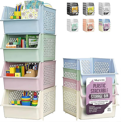 Skywin Stackable Storage Bins Open Front for Pantry Storage, 4 Pack - Multi | Sturdy Plastic, Easy Stacking, Open Front Access, Ventilated Sides, Vertical & Space Saving Pantry Organizers and Storage Bin