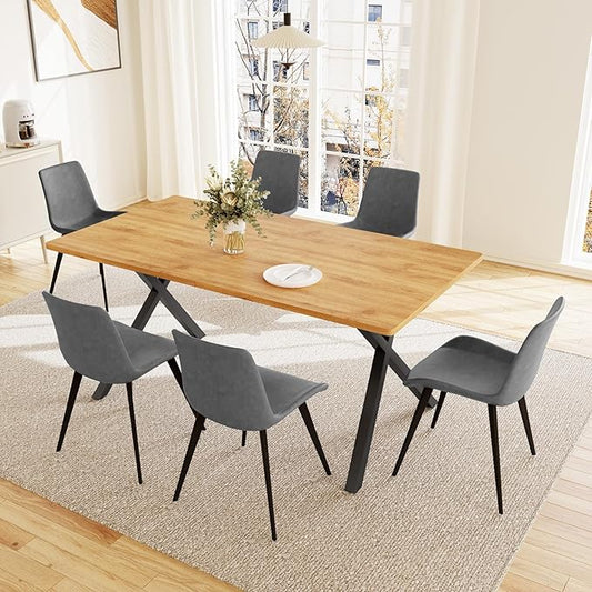 HIPIHOM 7-Piece Dining Table Set for 6 People, 63" MDF Kitchen Table with 6 Upholstered Chairs, Metal Legs for Dining Room, Kitchen(Oak Table+6 Grey Chairs)