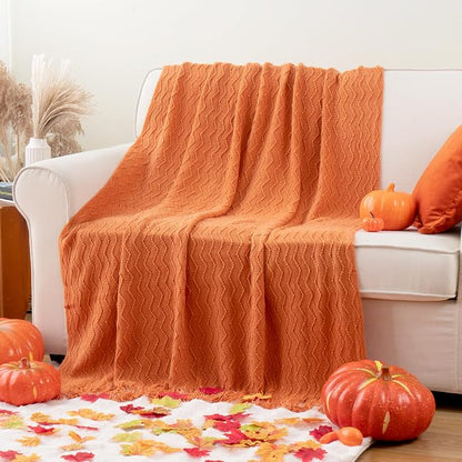 BATTILO HOME Burnt Orange Throw Blanket for Couch, Decorative Fall Throw Blanket with Tassels Halloween Throw Fall Decor, 50"x60"