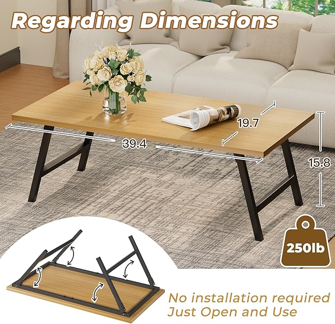 Folding Coffee Table, 39.4” Portable Floor Table Desk for Sitting on The Floor, No Assembly Low Coffee Table for Living Room, Home, Caravan and Camping, Large 39.4Lx19.7Wx15.8H, Natural