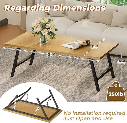 Folding Coffee Table, 39.4” Portable Floor Table Desk for Sitting on The Floor, No Assembly Low Coffee Table for Living Room, Home, Caravan and Camping, Large 39.4Lx19.7Wx15.8H, Natural