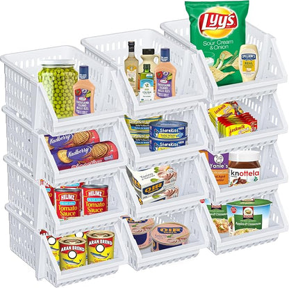 Small Stackable Storage Bins Open Front for Pantry Storage, 12 Pack - White | Sturdy Plastic, Easy Stacking, Open Front Access, Ventilated Sides, Vertical & Space Saving Pantry Organizers and Storage Bin