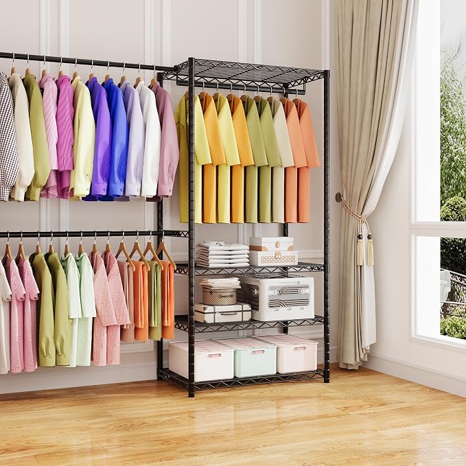 ecobedding Heavy Duty Garment Rack, 1000LBS Max Load Freestanding Closet Organizer with 6 Storage Shelves & 3 Adjustable Hanging Rods, Multifunctional, Glossy Black, 15.75" D x 70-88.5" W x 76.5" H