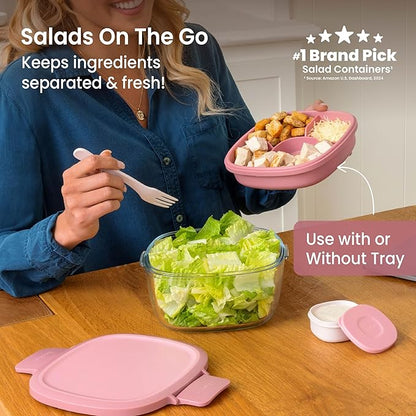 Bentgo Glass Salad Container - 7.6-Cup Salad Bowl with Airtight Lid, Leak-Proof Sauce Container, 4-Compartment Bento Tray & Reusable Fork - BPA-Free for Meal Prep, Office & More (Rose)