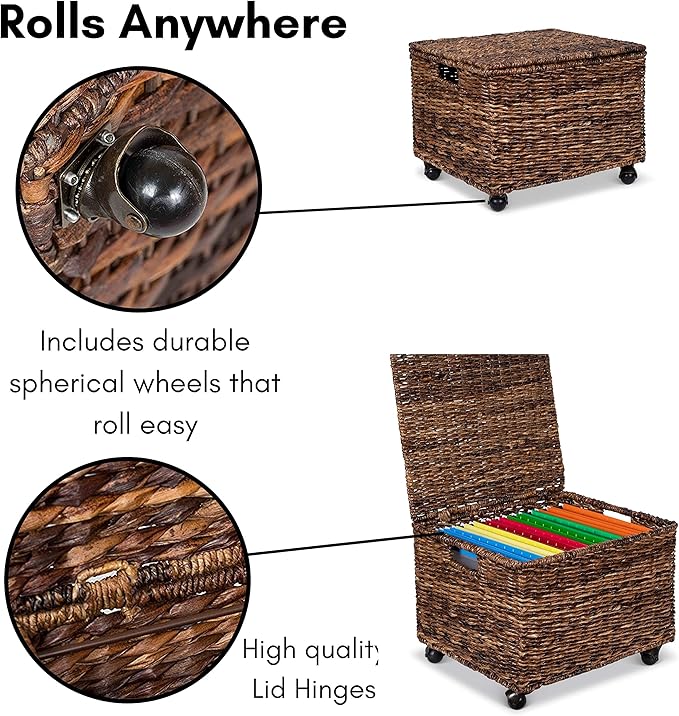 BIRDROCK HOME Rolling File Cabinet with Lid | Small Wooden Under Desk Organizer | Seagrass Basket with Wheels | Portable Home Office Filing System - Mini Decorative Box, Single Drawer, Brown Wash