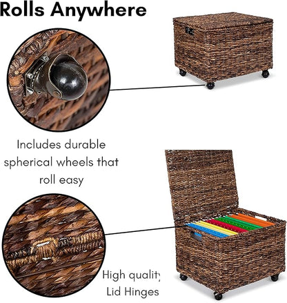 BIRDROCK HOME Rolling File Cabinet with Lid | Small Wooden Under Desk Organizer | Seagrass Basket with Wheels | Portable Home Office Filing System - Mini Decorative Box, Single Drawer, Brown Wash