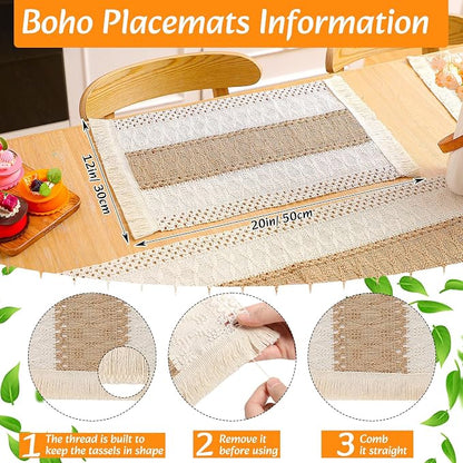 6 Sets Boho Decoration Placemats Round Woven Placemats, Cloth Napkins, Wood Bead Napkin Rings, Long Table Runner and Farmhouse Burlap Cotton for Table Kitchen (Khaki,12x72)