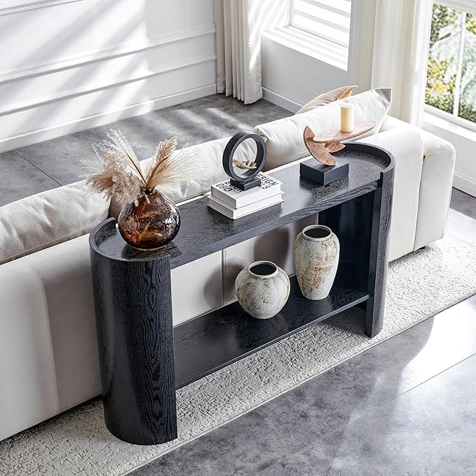 53" Console Table for Entryway, Narrow Sofa Entrance Table with Faux Mars Marble Pattern, Modern Sofa Tables with Storage Shelf for Living Room, Hallway, Foyer, Home Office, Black