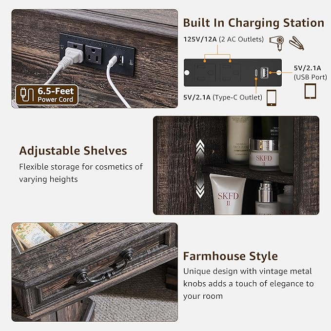 T4TREAM Makeup Vanity Desk 48" with 3 Way Mirror and Lights, Large Farmhouse Corner Vanity Dressing Table with Glass Top & Charging Station, 3 Drawers & 2 Storage Cabinets, Dark Rustic Oak