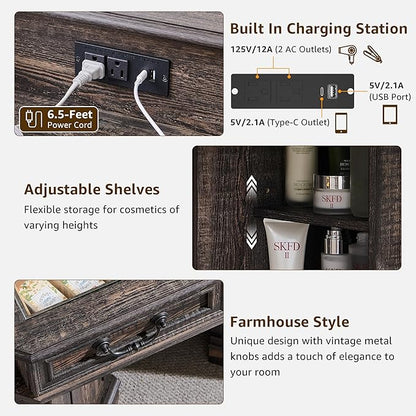 T4TREAM Makeup Vanity Desk 48" with 3 Way Mirror and Lights, Large Farmhouse Corner Vanity Dressing Table with Glass Top & Charging Station, 3 Drawers & 2 Storage Cabinets, Dark Rustic Oak