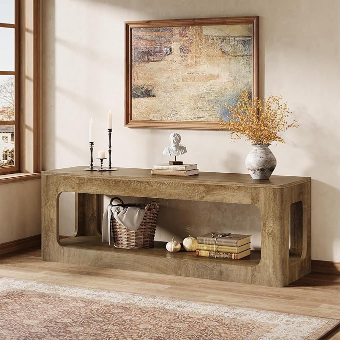 Tribesigns 63-Inch Farmhouse Entryway Table with Storage Shelf, 2-Tier Sofa Console Table with Circle Design for Living Room, Hallway, Foyer, Brown