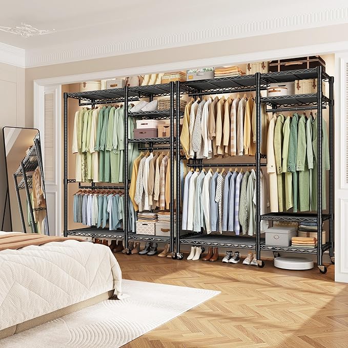 Raybee Portable Closet 780LBS, Heavy Duty Clothes Rack, Rolling Freestanding Clothing Rack with 3 Hanging Rods & 6 Shelves, Adjustable Wardrobe Closet Organizer System