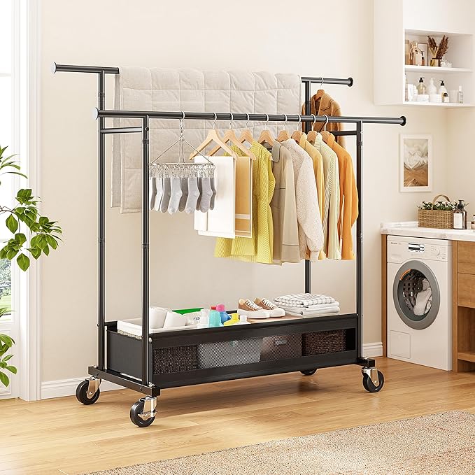 Clothes Rack, Clothing Racks for hanging clothes, Rolling clothes rack with Storage Basket & Heavy Duty Wheels, Double rods clothing rack for Bedroom, Laundry Room, Black