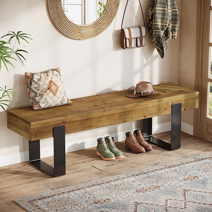 Solid Wooden Entryway Bench, 63" Farmhouse Indoor Shoe Bench with Metal Legs, Industrial Long End of Bed Stool with Seating for Entry, Hallway, Porch, Living Room, Mudroom, Easy Assembly