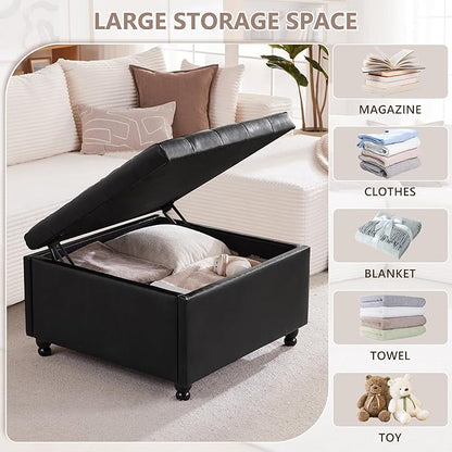 Weture Large Square Storage Ottoman Coffee Table, Oversized Square Ottoman with Storage, Tufted Upholstered Coffee Tables for Living Room (30 Inch,Leather, Black)