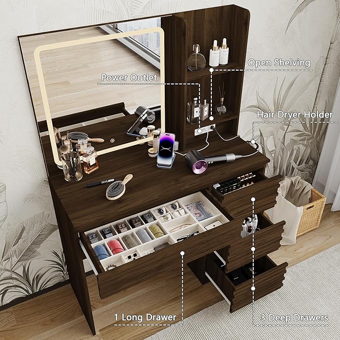 Fluted Vanity Desk with HD Mirror and Lights, Wood Makeup Vanity Table with 4 Drawers & Open Shelves, Mid Century Dressing Table Set with Charging Station, 3 Color Lighting Modes for Bedroom, Walnut