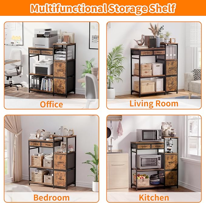 JUSTOGO Printer Stand with 4 Drawer, 43" x 36" x 16" Extra Large File Cabinet with Open Storage Shelf, 5 Tier Printer Table Lateral Filing Cabinet for Home Office, Rustic Brown