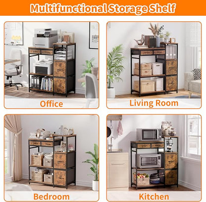 JUSTOGO Printer Stand with 4 Drawer, 43" x 36" x 16" Extra Large File Cabinet with Open Storage Shelf, 5 Tier Printer Table Lateral Filing Cabinet for Home Office, Rustic Brown