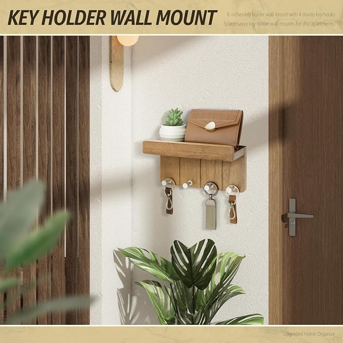 Rebee Vision Modern Farmhouse Key Holder Wall Mount - 8 inch Rustic Key and Mail Holder for Wall with 4 Hooks and Small Floating Shelf - The Perfect Aesthetic Stuff in Your Apartment (Light Brown)