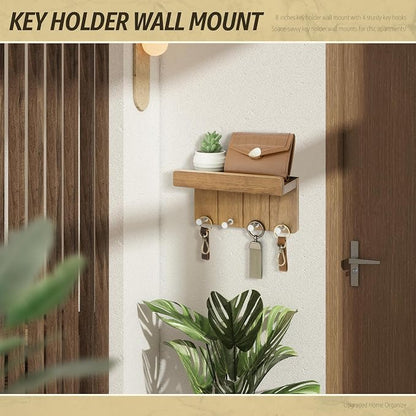 Rebee Vision Modern Farmhouse Key Holder Wall Mount - 8 inch Rustic Key and Mail Holder for Wall with 4 Hooks and Small Floating Shelf - The Perfect Aesthetic Stuff in Your Apartment (Light Brown)