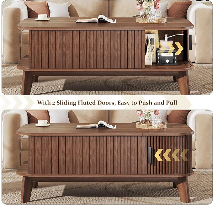 HUAHUU 37.4" Lift Top Coffee Table with Storage, Mid Century Modern Coffee Table with Sliding Fluted Doors for Living Room, Home Office, Walnut
