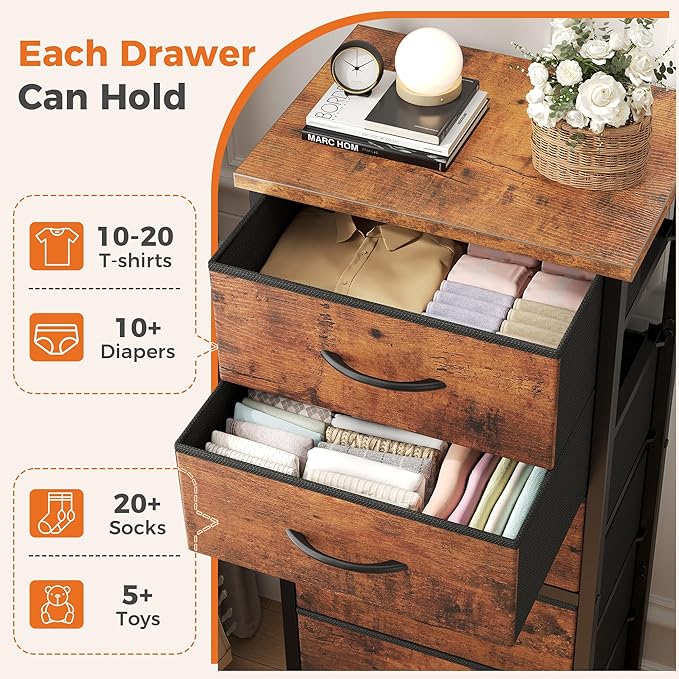 Sweetcrispy Tall Fabric Dresser for Bedroom, 6 Drawer Skinny Chest of Drawers, Narrow Storage Tower with Wood Top and Metal Frame, Vertical Nightstand for Closet, Bedroom Organization Furniture, Brown