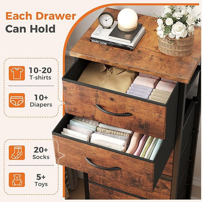 Sweetcrispy Tall Fabric Dresser for Bedroom, 6 Drawer Skinny Chest of Drawers, Narrow Storage Tower with Wood Top and Metal Frame, Vertical Nightstand for Closet, Bedroom Organization Furniture, Brown
