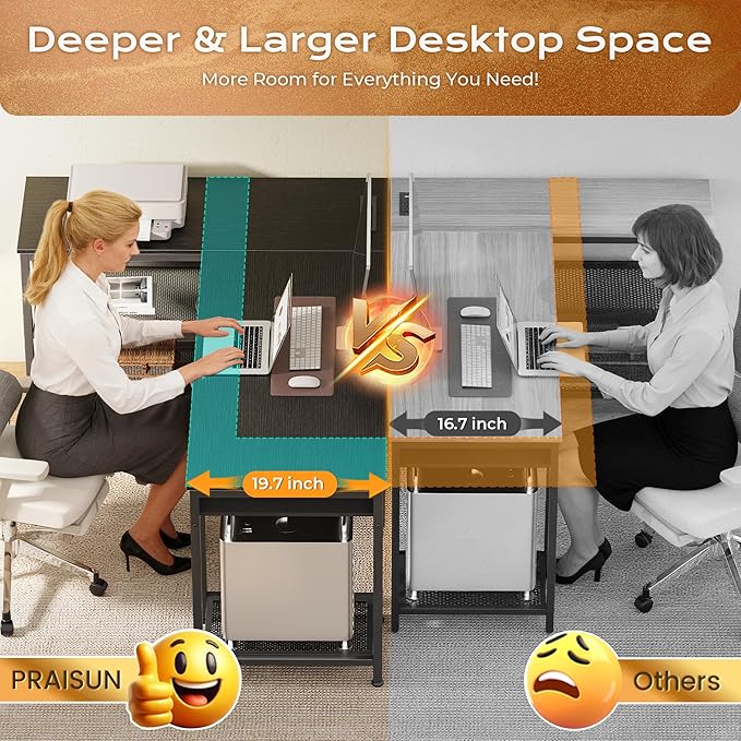 PRAISUN 55 Inch L Shaped Office Desk with Power Outlets and Type-C Port, Large Computer Gaming Desk with 3 Fabric Drawers, Mesh Shelves, Corner Study Work Writing Desk, Black