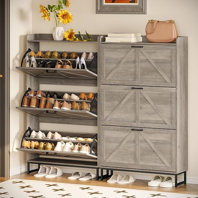 Shoe Cabinet Storage for Entryway, Shoe Storage Cabinet with 3 Flip Drawers, Freestanding Narrow Shoe Rack Organizer with Metal Legs for Foyer, Hallway, Grey