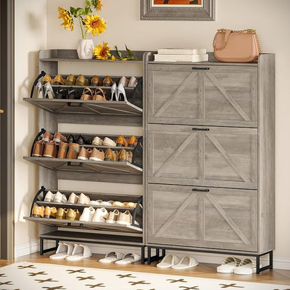 Shoe Cabinet Storage for Entryway, Shoe Storage Cabinet with 3 Flip Drawers, Freestanding Narrow Shoe Rack Organizer with Metal Legs for Foyer, Hallway, Grey