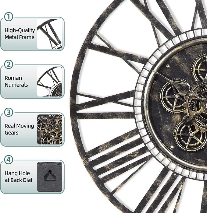 LEIKE Moving Gear Large Wall Clock 24inch/60cm Bronze, Decorative Wall Clocks for Living Room, Unique Farmhouse Steampunk Metal Wall Clock Decor, Office Wall Clocks