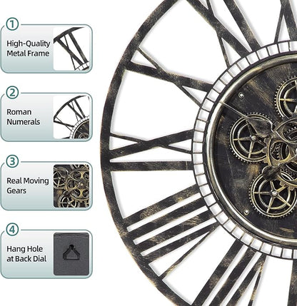 LEIKE Moving Gear Large Wall Clock 24inch/60cm Bronze, Decorative Wall Clocks for Living Room, Unique Farmhouse Steampunk Metal Wall Clock Decor, Office Wall Clocks