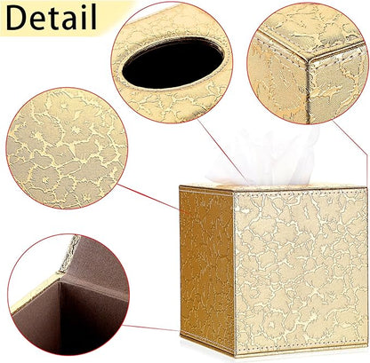 Sumnacon Square Leather Tissue Box Cover - Stylish Cube Tissue Box Holder with Magnetic Bottom, Decorative PU Tissue Box for Vanity Dresser Night Stand Table Countertop Home Office Car, Gold