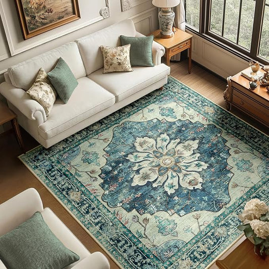 RELEANY Area Rugs Square 6ft Washable Non-Slip, Floral Vintage Distress Medallion Carpet for Living Room Bedroom Dining Room, Dark Blue Vintage