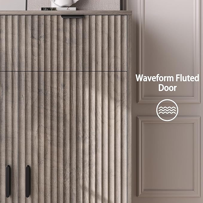 Fluted Shoe Cabinet, 4-Tier Mid Century Modern Narrow Shoe Storage Cabinet with Doors & 2 Drawers, Adjustable Shelves, Freestanding Hidden Shoe Rack Organizer & Wooden Legs for Entryway