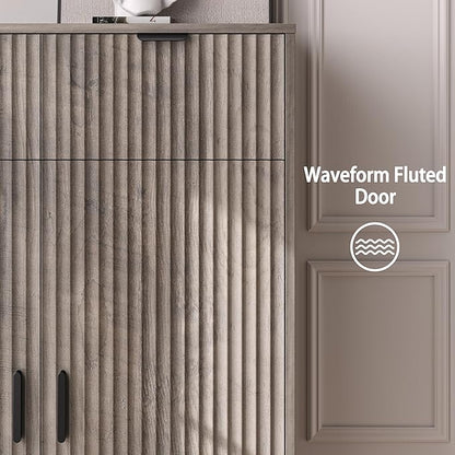 Fluted Shoe Cabinet, 4-Tier Mid Century Modern Narrow Shoe Storage Cabinet with Doors & 2 Drawers, Adjustable Shelves, Freestanding Hidden Shoe Rack Organizer & Wooden Legs for Entryway
