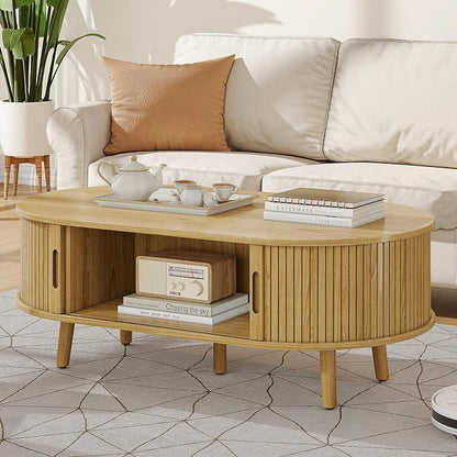 Alohappy 42.5" W Oval Coffee Table, Mid Century Modern Coffee Table with Sliding Tambour Door, Fluted Center Table with Hidden Storage, Curved Accent Table for Living Room, Home Office,Natural Oak