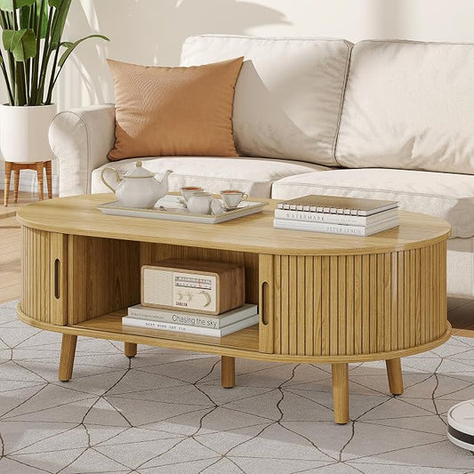 Alohappy 42.5" W Oval Coffee Table, Mid Century Modern Coffee Table with Sliding Tambour Door, Fluted Center Table with Hidden Storage, Curved Accent Table for Living Room, Home Office,Natural Oak