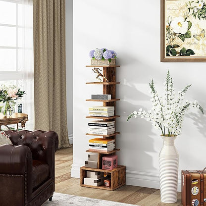 TUTOTAK Narrow Bookshelf, Vertical 8-Tier Bookcase, Spine Book Shelf for Small Space, Small Standing Shelf for Living Room, Office, Study, Entryway, Brown BS07BB008
