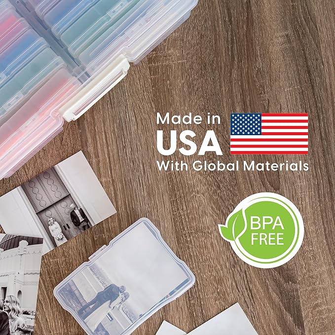 IRIS USA 5" x 7" Photo Storage Box Craft Keeper, Transparent Protection Container with 6 Organization Holder Cases for Pictures, Tasks, Scrapbooking, Ephemera, Stationery Storage, Clear