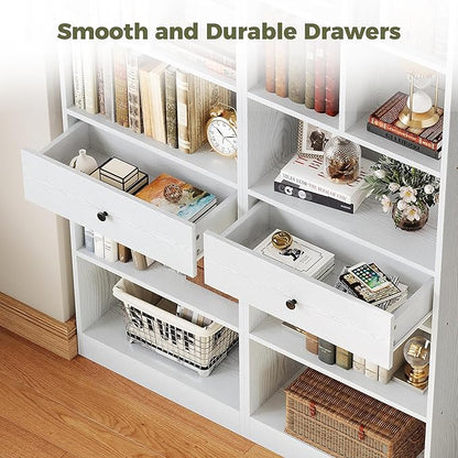IRONCK Bookcase and Bookshelves, 70" Tall Bookshelf Floor Standing 6 Tiers Display Storage Shelves, Book Shelf with Drawers for Home Office, Living Room, Bedroom, Library, White