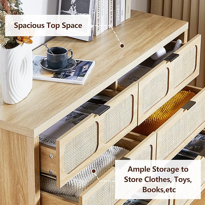 LEVNARY 6 Drawer Dresser for Bedroom, Rattan Dresser Drawer Organizer with Metal Handles, Accent Wood Chest of Drawers for Entryway, Closet, Living Room, Hallway, Nursery (Oak)