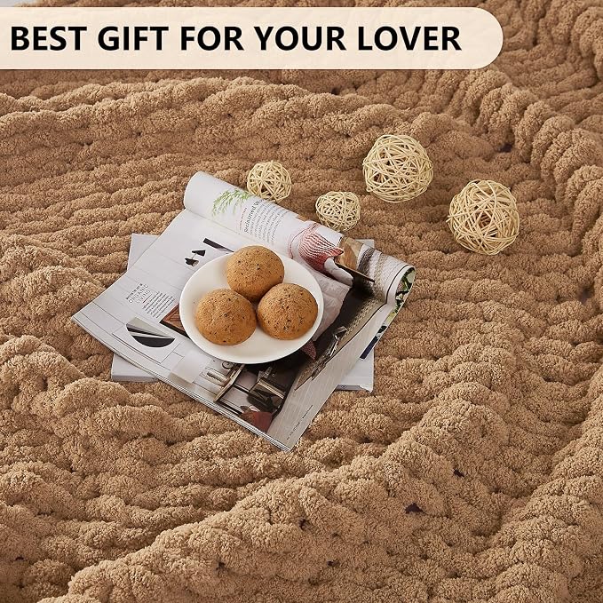 L'AGRATY Chunky Knit Blanket Throw: 60''x80'' Chenille Chunky Knitted Throw Blanket for Bed Couch - Handmade Thick Big Cable Knit Blanket - Large Crochet Rope Blankets for Home Decor(Tan)